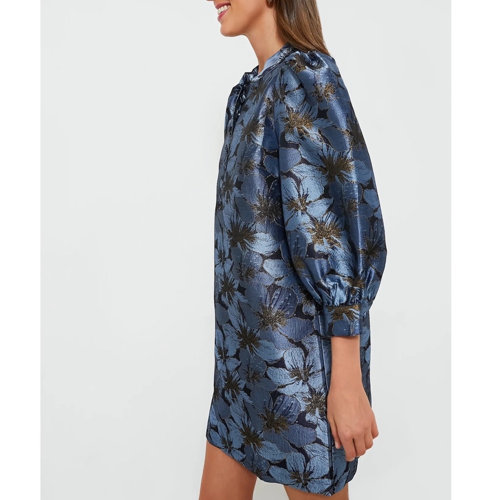Tuckernuck Blue and Black Floral Jacquard Puff-Sleeve Shift Dress - Picture 3 of 13